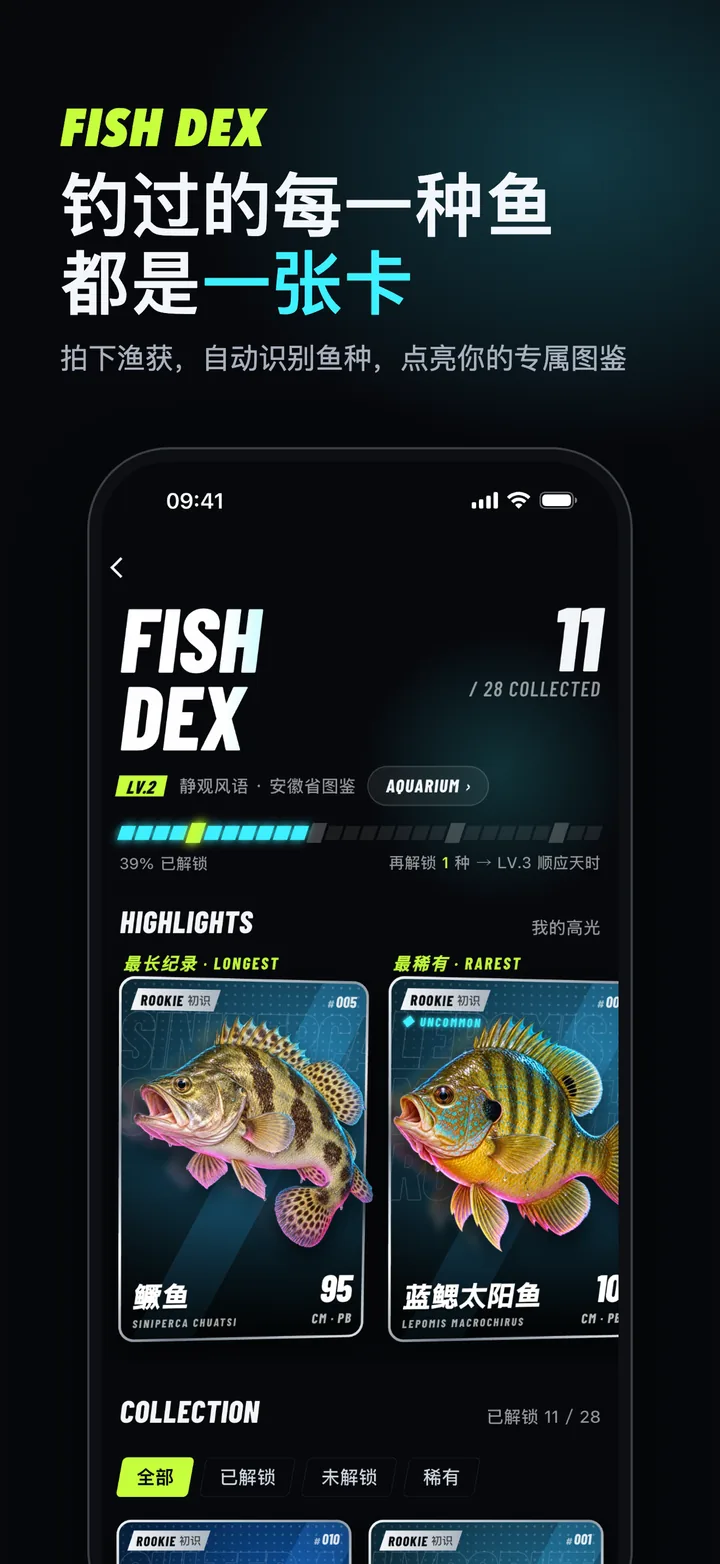 应用市场宣传图:鱼种图鉴,钓过的每一种鱼都是一张卡